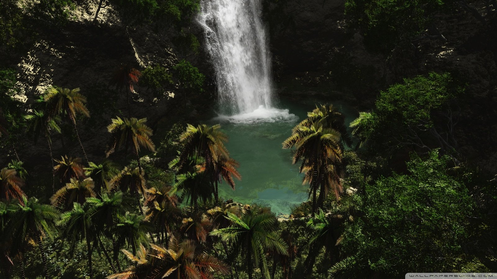 Обои вода, зелень, водопад, пальмы, water, greens, waterfall, palm trees разрешение 1920x1080 Загрузить