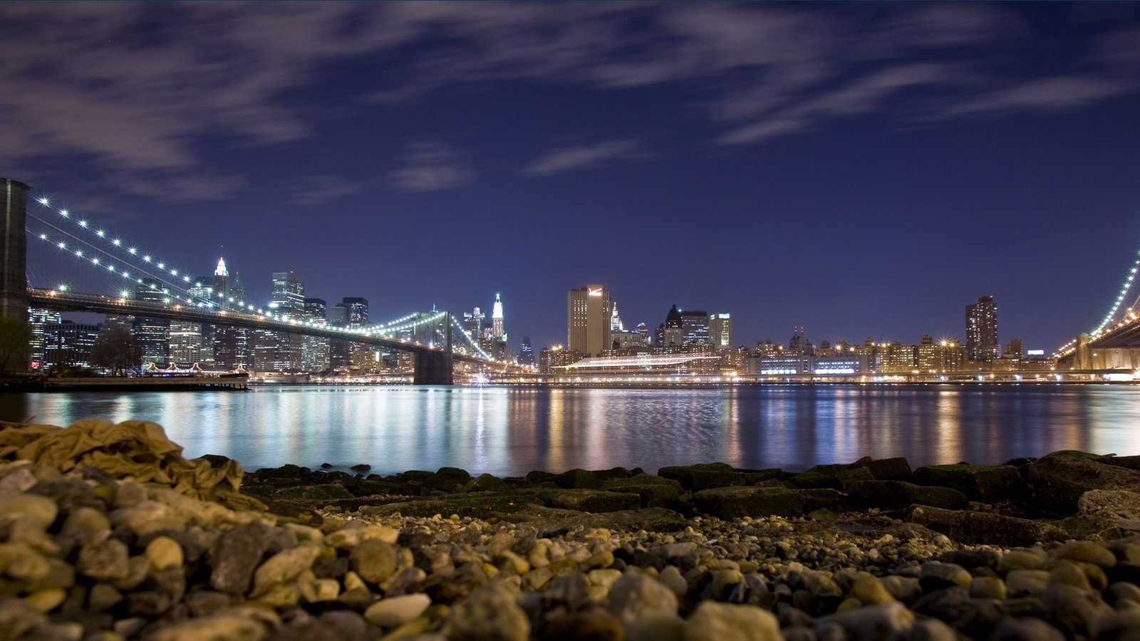 Обои ночь, пляж, мост, сша, нью-йорк, бруклинский мост, night, beach, bridge, usa, new york, brooklyn bridge разрешение 1920x1080 Загрузить