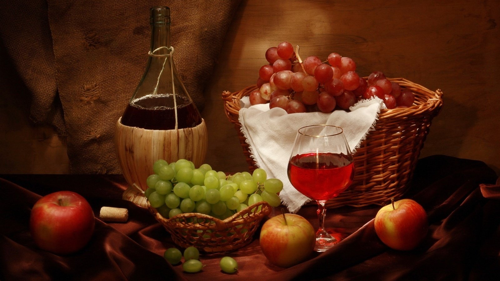 Обои виноград, яблоки, бокал, корзина, вино, бутылка, вина, grapes, apples, glass, basket, wine, bottle разрешение 1920x1080 Загрузить