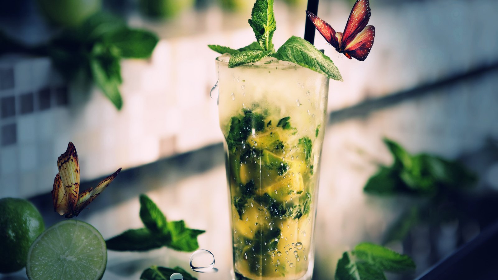 Обои бабочка, коктейль, мохито, butterfly, cocktail, mojito разрешение 1920x1200 Загрузить