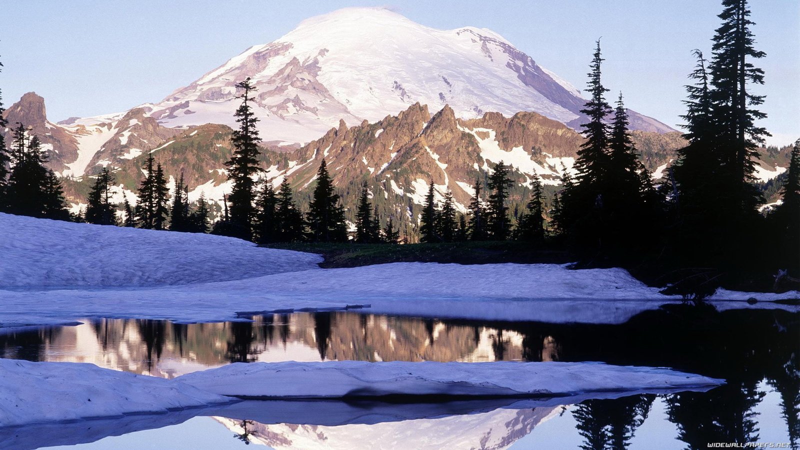 Обои деревья, озеро, горы, снег, вашингтон, тень, вершина, trees, lake, mountains, snow, washington, shadow, top разрешение 1920x1080 Загрузить