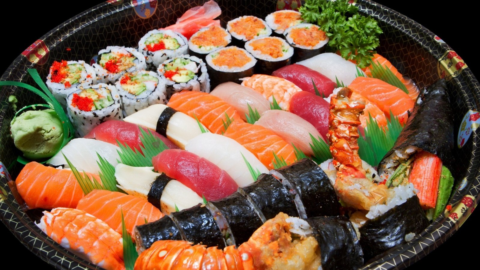 Обои рыба, икра, суши, роллы, морепродукты, креветки, ассорти, fish, caviar, sushi, rolls, seafood, shrimp, cuts разрешение 1920x1200 Загрузить