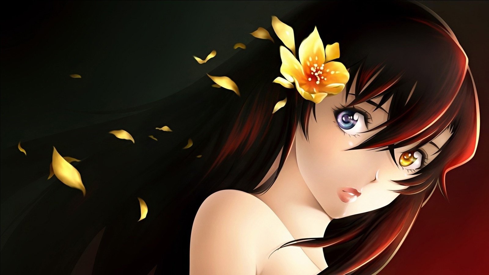 Обои девушка, цветок, портрет, взгляд, аниме, волосы, лицо, girl, flower, portrait, look, anime, hair, face разрешение 1920x1080 Загрузить