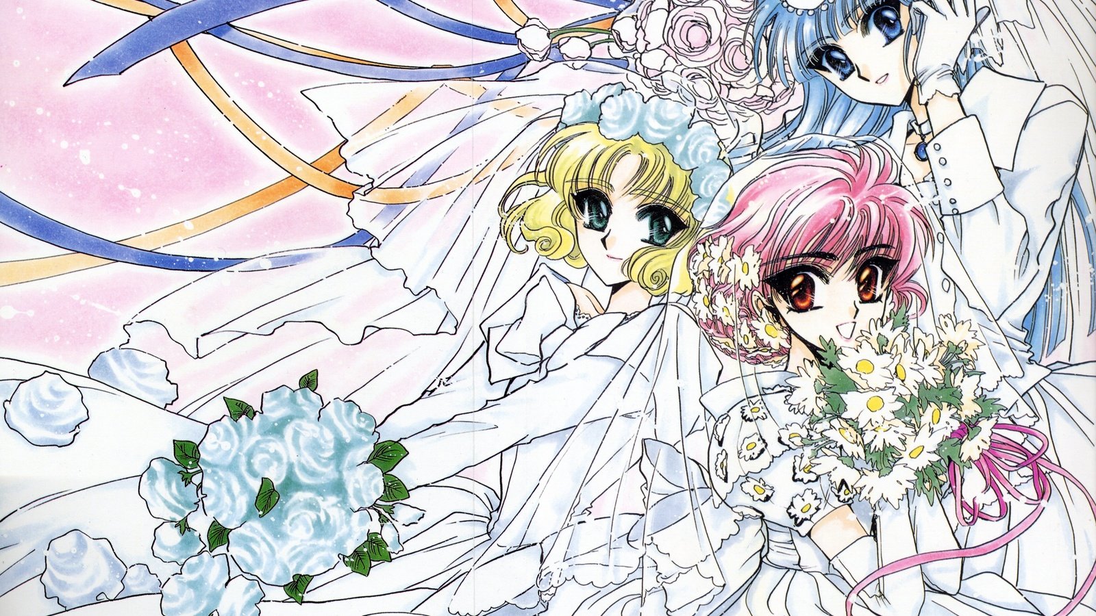 Обои венчание, clamp, hoouji fuu, magic knight rayearth, ryuuzaki umi, shidou hikaru, wedding разрешение 4035x2980 Загрузить