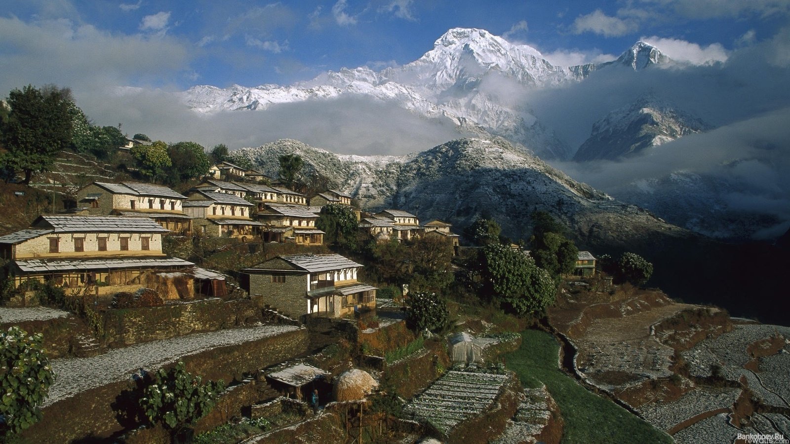 Обои гора, дома, аннапурна, гималаи, непал, mountain, home, annapurna, the himalayas, nepal разрешение 1920x1080 Загрузить