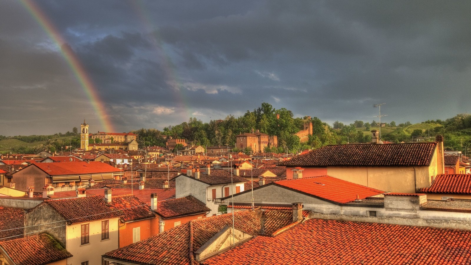 Обои радуга, здания, крыши, rainbow, building, roof разрешение 3629x2412 Загрузить