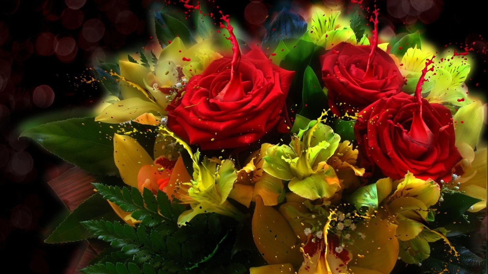 Обои цветы, розы, краски, блики, листочки, букет, rozy, buket, bryzgi, flowers, roses, paint, glare, leaves, bouquet разрешение 1920x1200 Загрузить