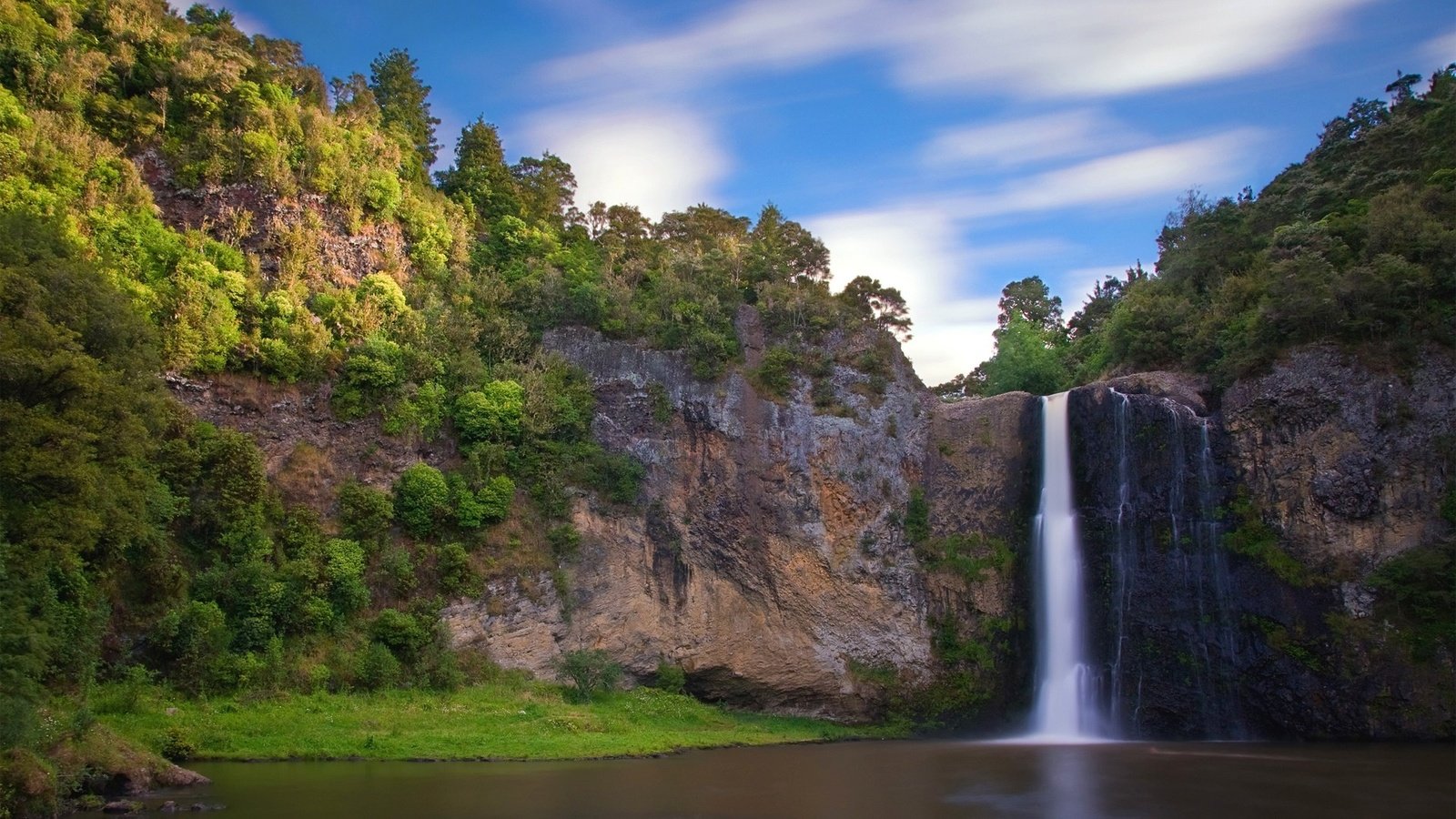 Обои деревья, скалы, природа, водопад, trees, rocks, nature, waterfall разрешение 1920x1080 Загрузить