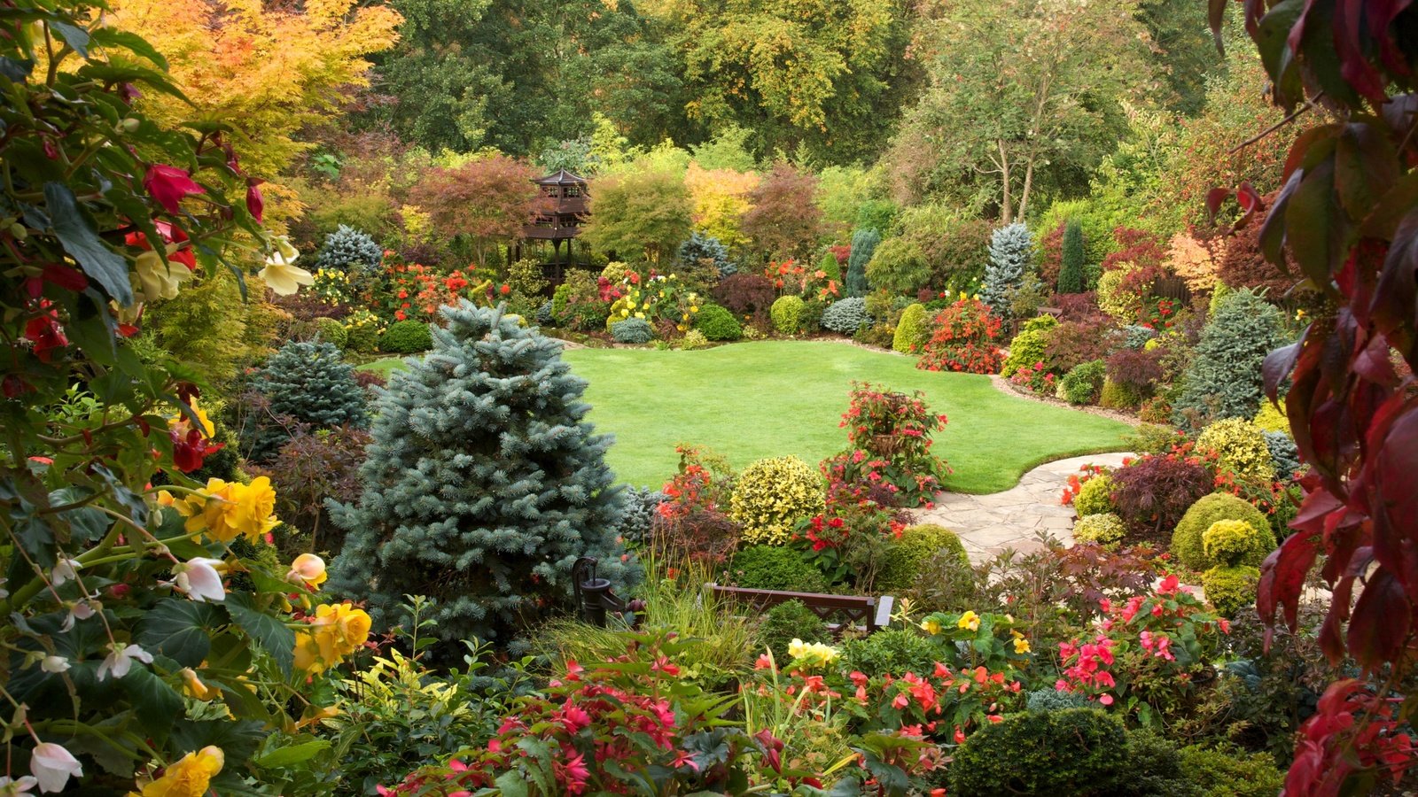 Обои цветы, скамейка, релакс, полянка, японский садик, flowers, bench, relax, clearing, japanese garden разрешение 2500x1667 Загрузить