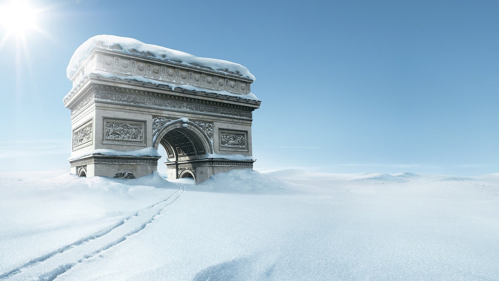 Обои креатив, hd картинка, триумфальная арка снег, creative, hd picture, arc de triomphe in the snow разрешение 1920x1080 Загрузить