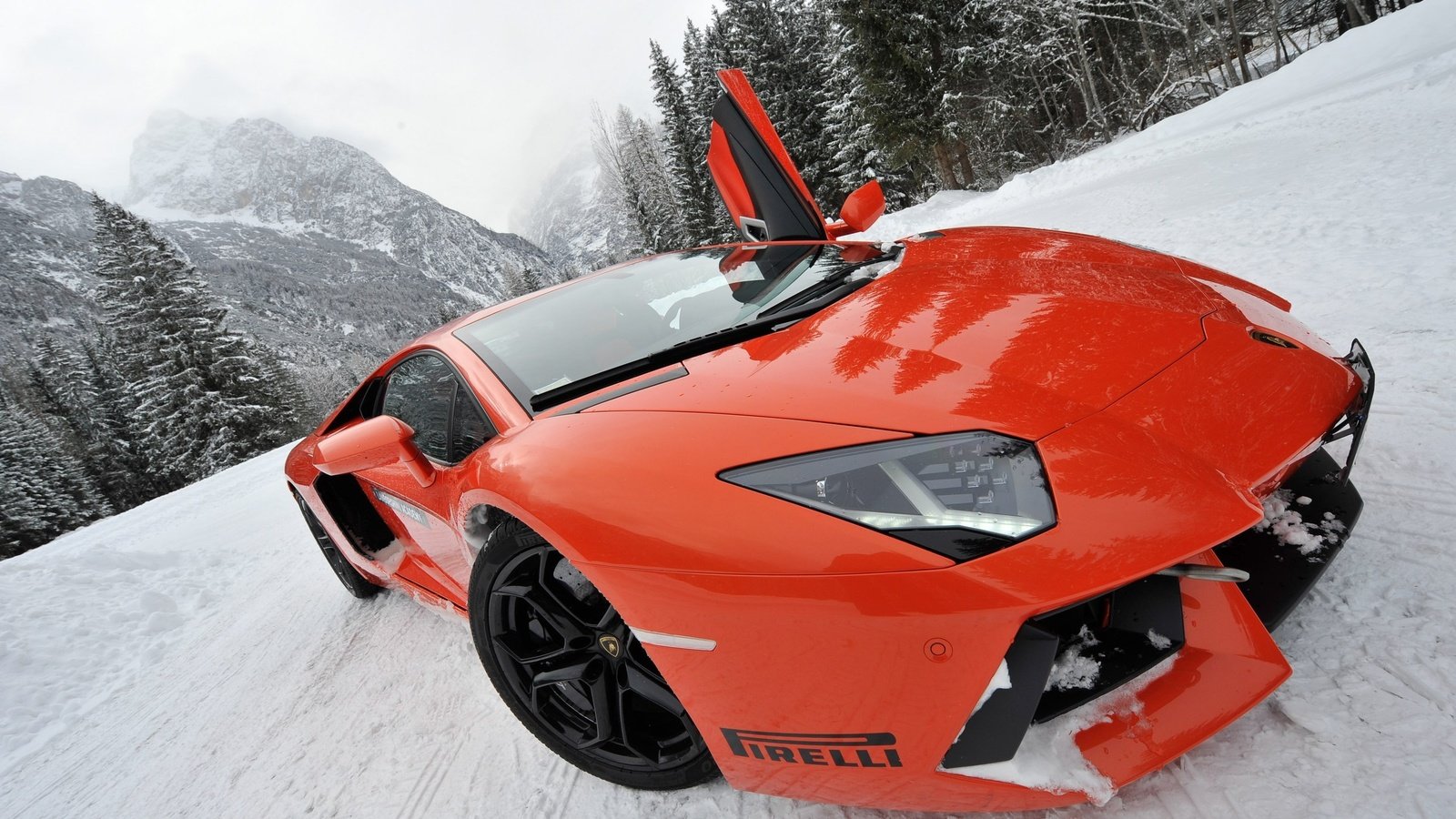 Обои снег, ракурс, спорткар, моська, lamborghini aventador lp700-4, snow, view, sports car, pug разрешение 2560x1703 Загрузить