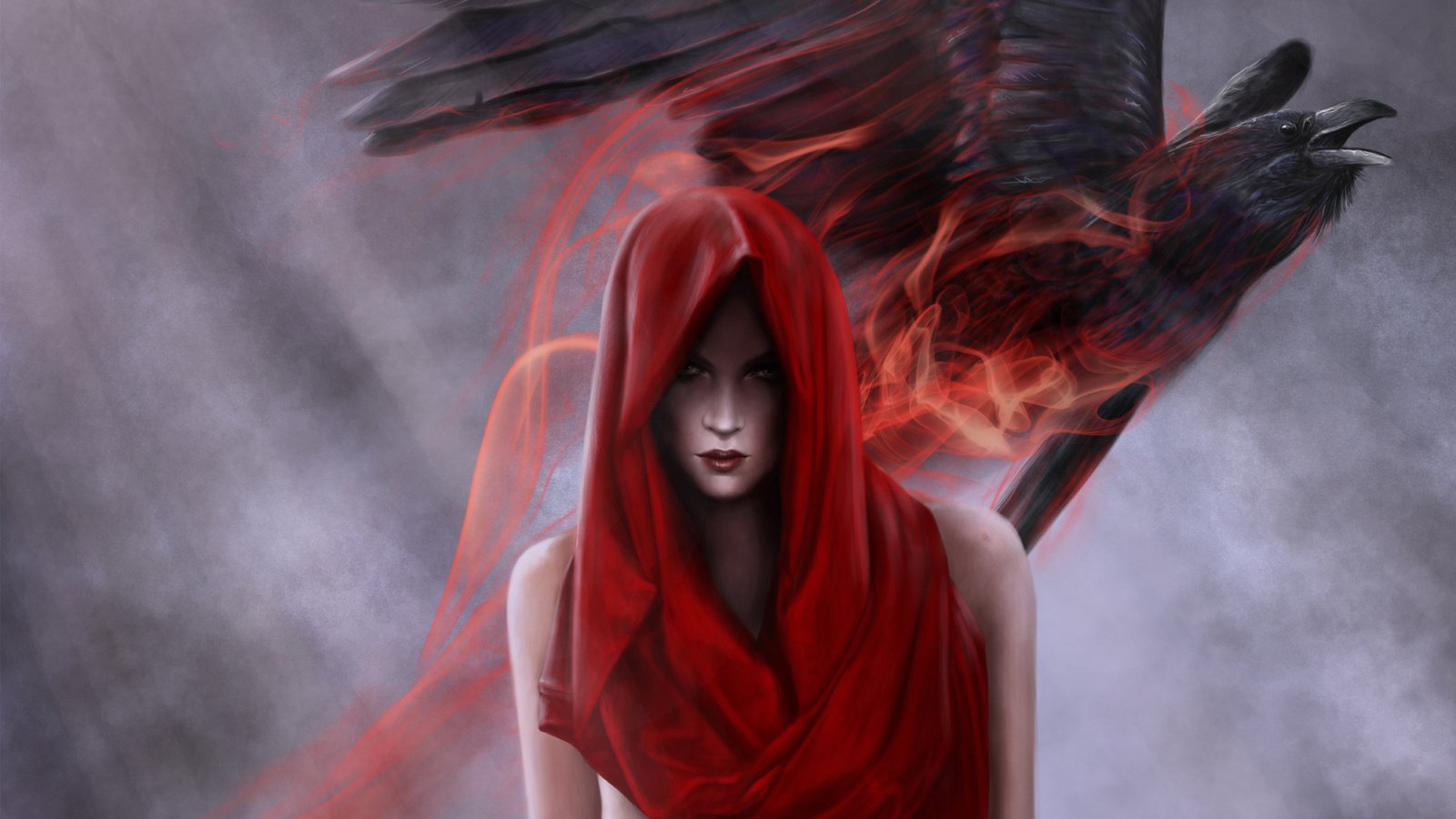 Обои арт, девушка, красный, птица, ворон, магия, капюшон, art, girl, red, bird, raven, magic, hood разрешение 1920x1200 Загрузить