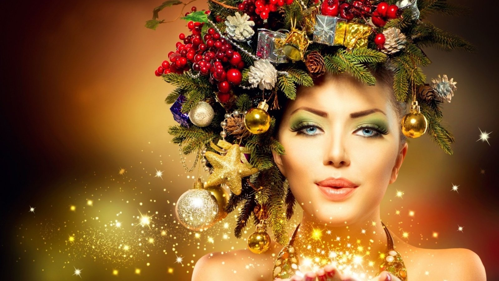 Обои новый год, магия, елка, венок, девушка, новогодние украшения, взгляд, лицо, праздники, макияж, рождество, new year, magic, tree, wreath, christmas decorations, girl, look, face, holidays, makeup, christmas разрешение 1920x1080 Загрузить