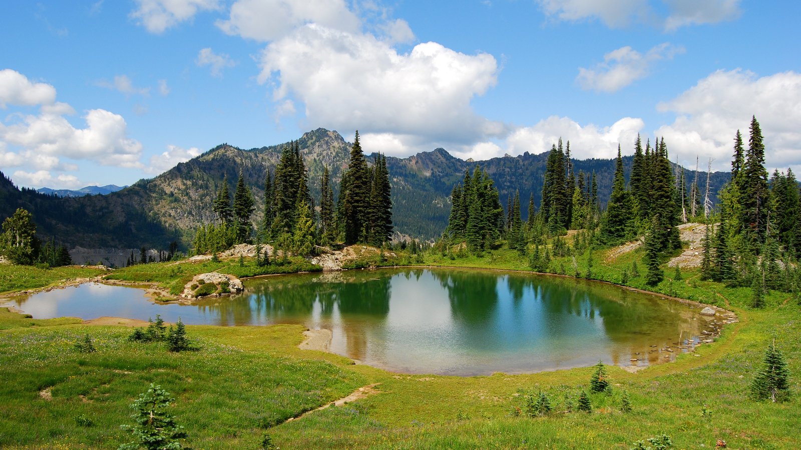 Обои небо, трава, облака, деревья, озеро, горы, the sky, grass, clouds, trees, lake, mountains разрешение 2560x1600 Загрузить