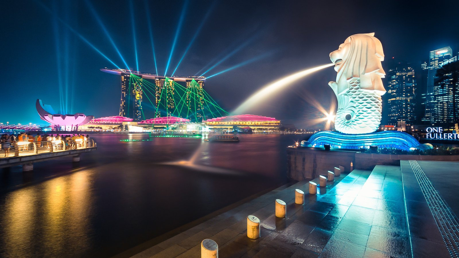 Обои ночь, блики, сингапур, marina bay sands, мерлион, марина бей, night, glare, singapore, merlion, marina bay разрешение 1920x1200 Загрузить