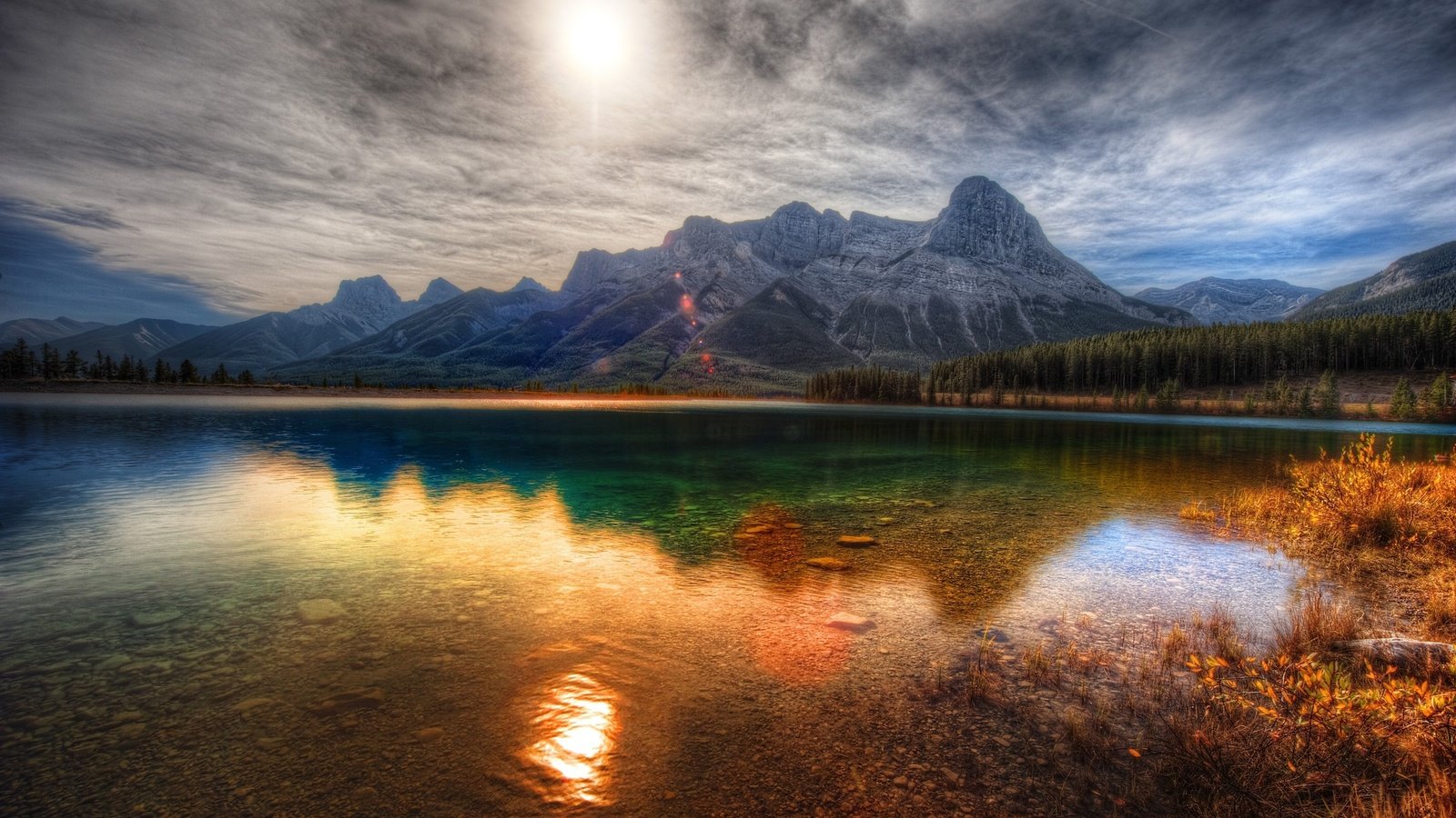 Обои озеро, горы, пейзаж, провинция альберта, canmore, lake, mountains, landscape, alberta разрешение 2560x1600 Загрузить