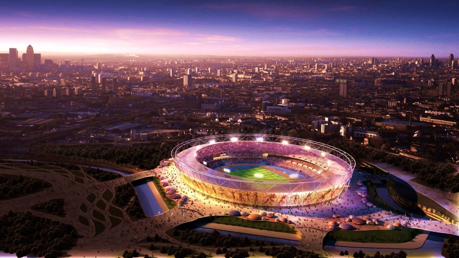 Обои ночь, панорама, лондон, стадион, городской пейзаж, фото олимпийского стадиона в лондоне, олимпийский стадион, спортивное сооружение, night, panorama, london, stadium, the urban landscape, photo of the olympic stadium in london разрешение 1920x1080 Загрузить