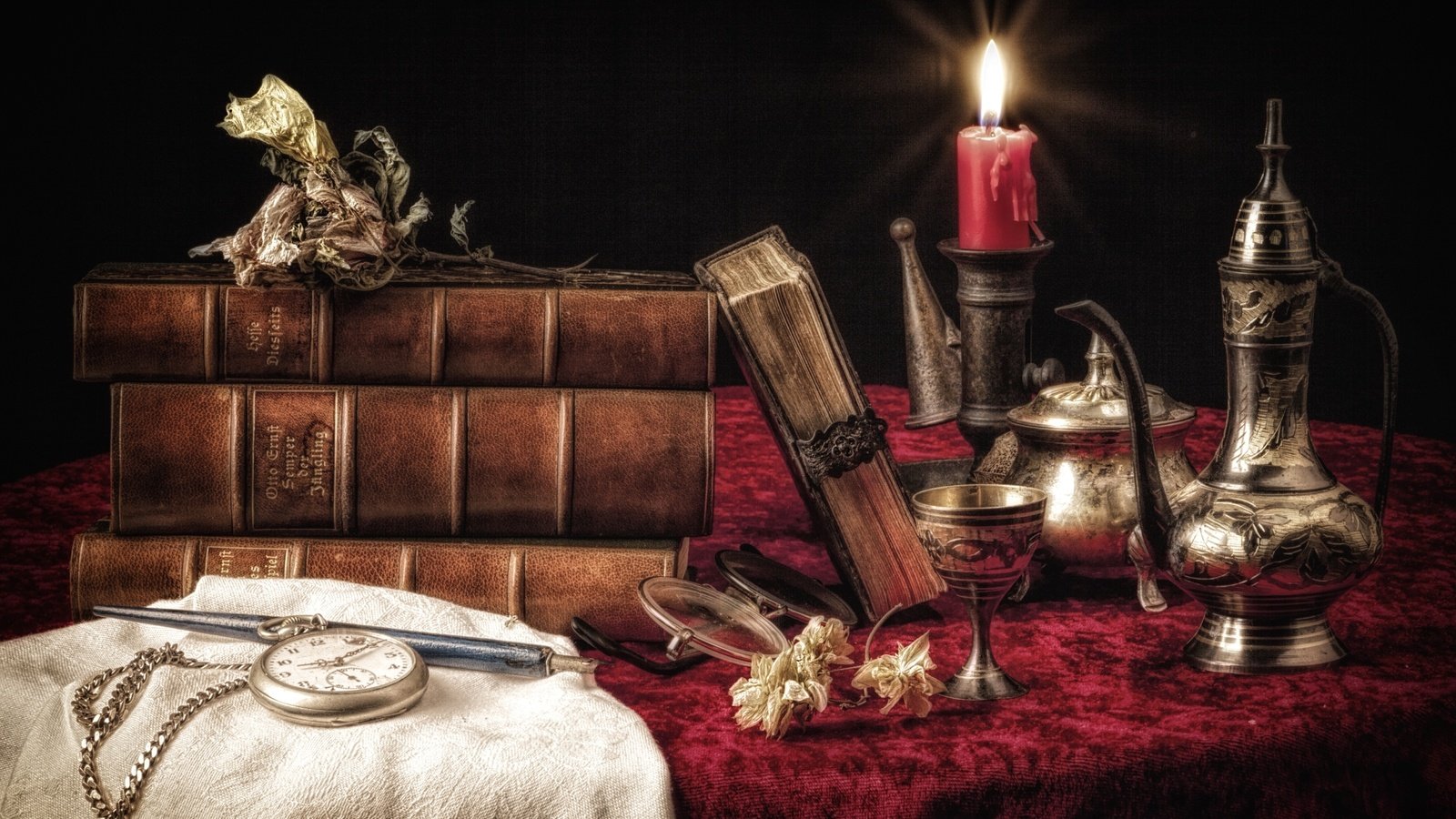 Обои книги, часы, посуда, свеча, натюрморт, books, watch, dishes, candle, still life разрешение 2700x1800 Загрузить