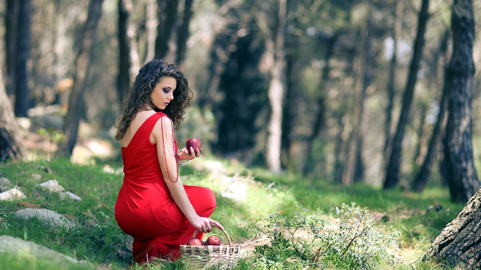 Обои лес, девушка, платье, брюнетка, яблоки, красное, forest, girl, dress, brunette, apples, red разрешение 2560x1600 Загрузить