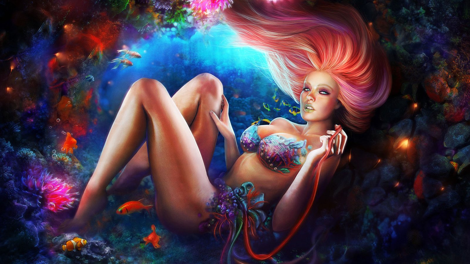 Обои арт, девушка, рыбки, рыбы, под водой, краб, коралл, art, girl, fish, under water, crab, coral разрешение 1920x1200 Загрузить