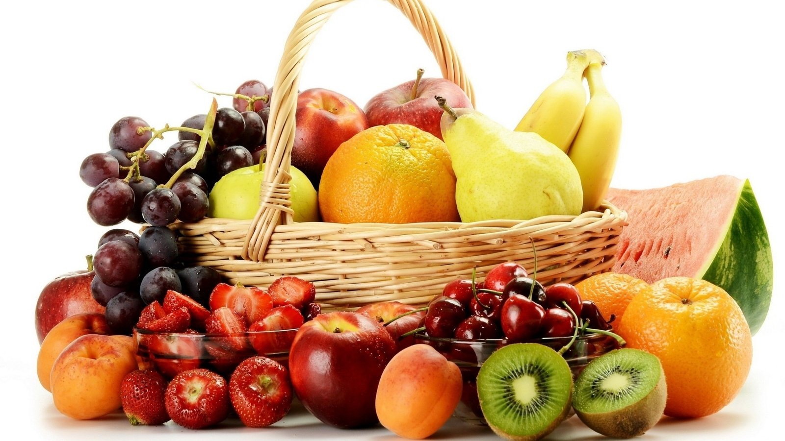 Обои виноград, ягоды, фрукты, киви, яблоки, бананы, груши, апельсины, абрикосы, клубника, нектарин, черешня, арбуз, корзина, grapes, berries, fruit, kiwi, bananas, apples, pear, oranges, apricots, strawberry, nectarine, cherry, watermelon, basket разрешение 1920x1280 Загрузить