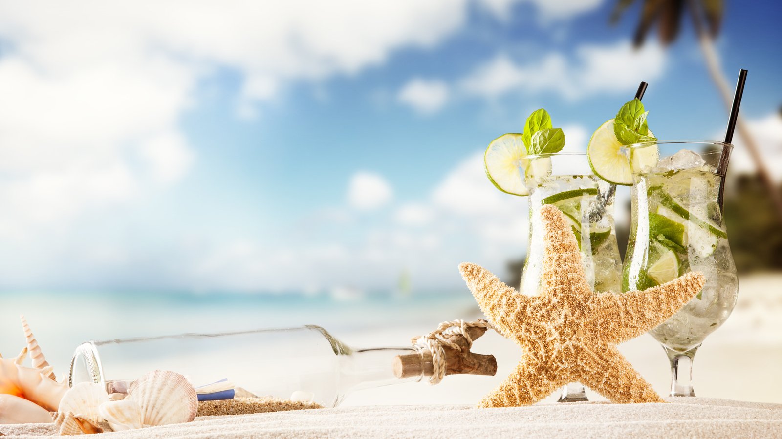 Обои бутылка, мята, морская звезда, песок, пляж, лето, ракушки, лайм, коктейль, напитки, bottle, mint, starfish, sand, beach, summer, shell, lime, cocktail, drinks разрешение 5616x3660 Загрузить
