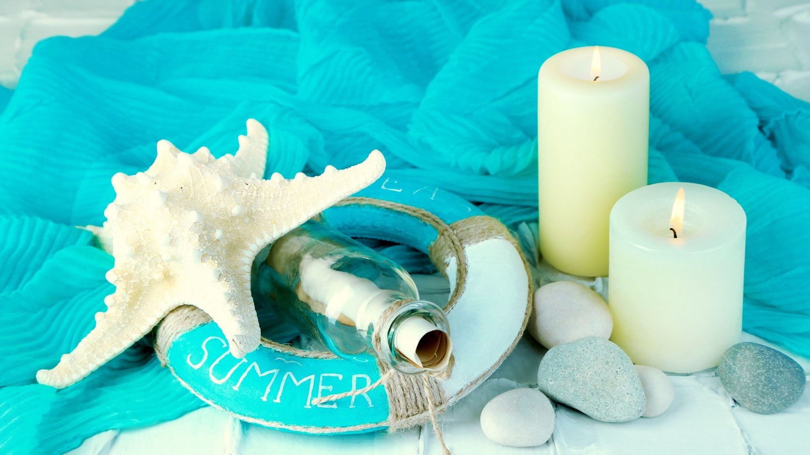 Обои свечи, камни, морская звезда, marine, бутылек, cвечи, летнее, candles, stones, starfish, bottle, summer разрешение 2880x1920 Загрузить