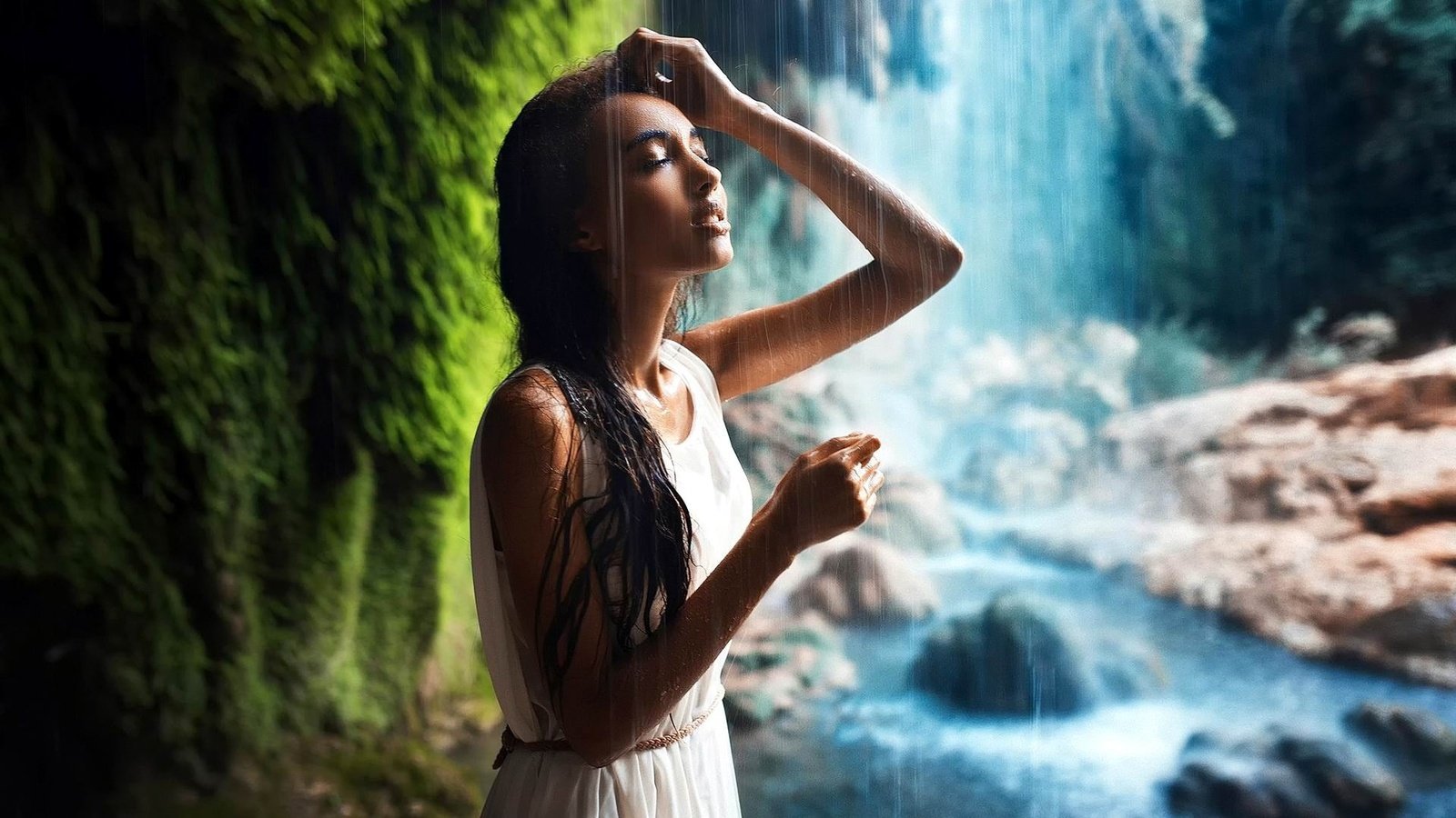 Обои девушка, платье, водопад, girl, dress, waterfall разрешение 1920x1080 Загрузить