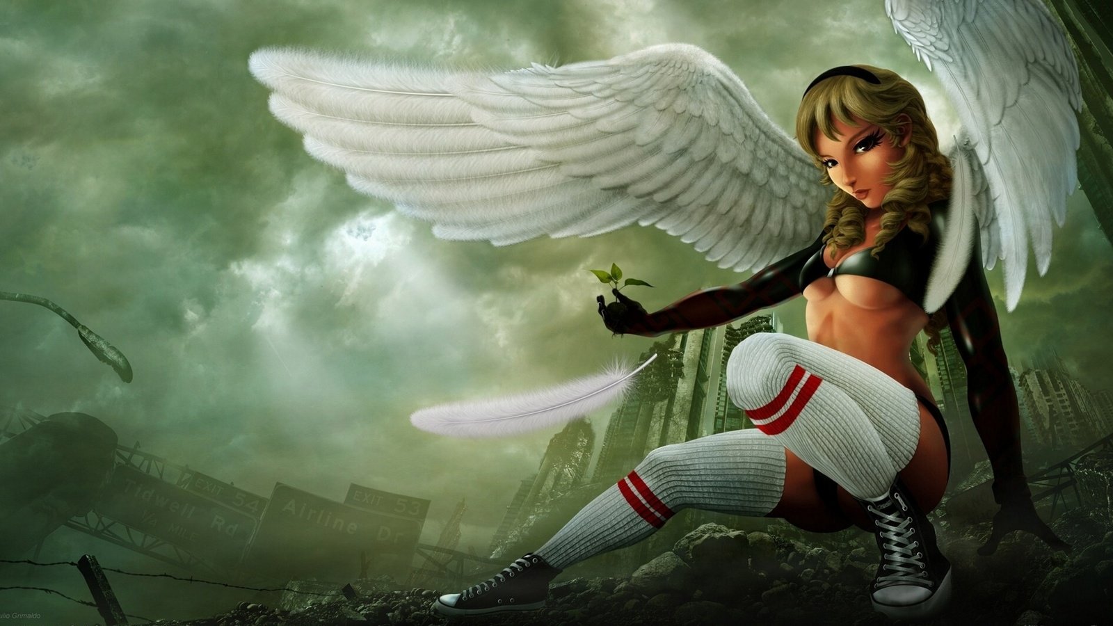 Обои девушка, крылья, кеды, ангел, перо, julio grimaldo, girl, wings, sneakers, angel, pen разрешение 1953x1080 Загрузить