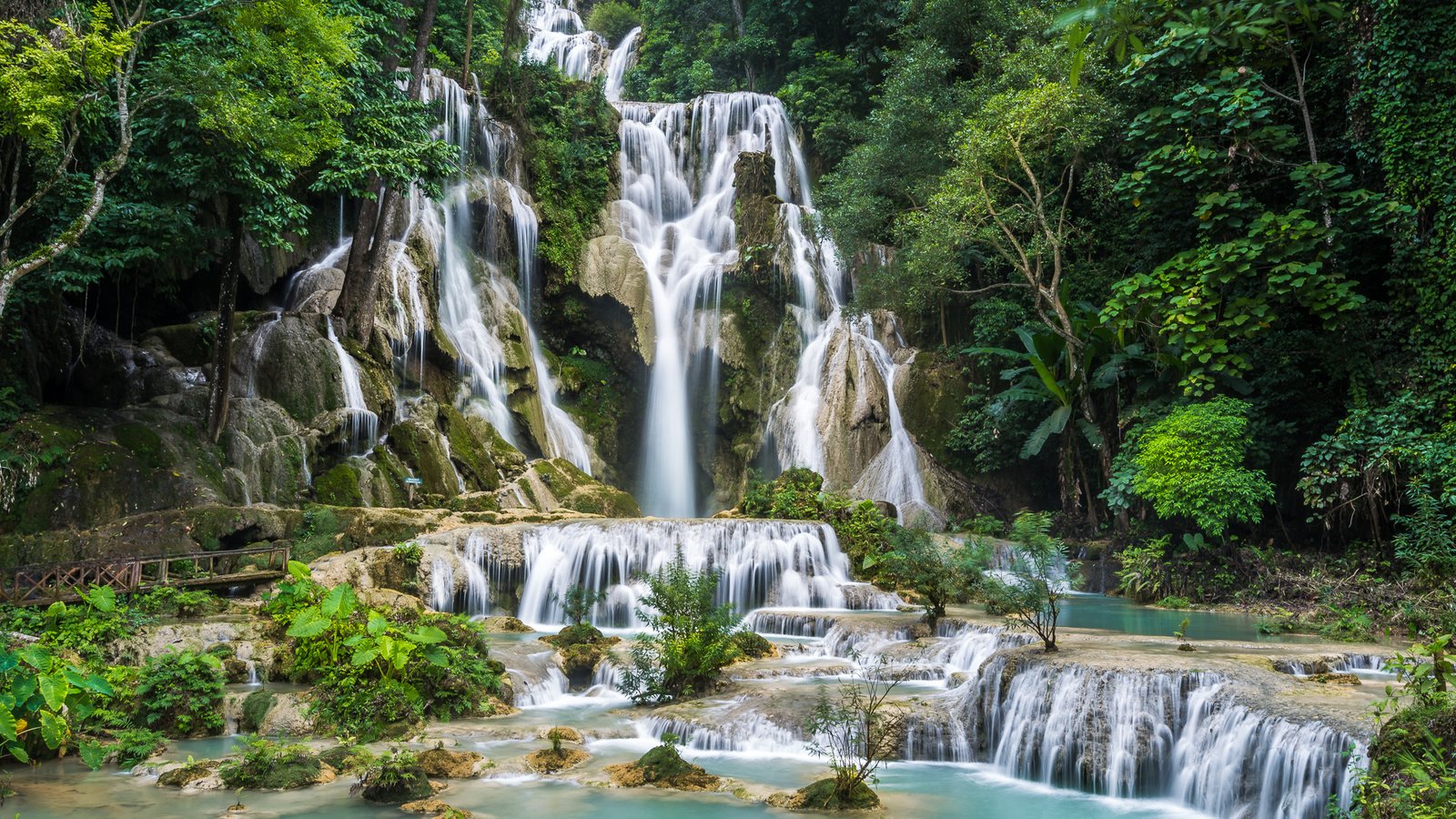 Обои деревья, скалы, природа, лес, водопад, лаос, kuang si waterfall, trees, rocks, nature, forest, waterfall, laos разрешение 1920x1280 Загрузить