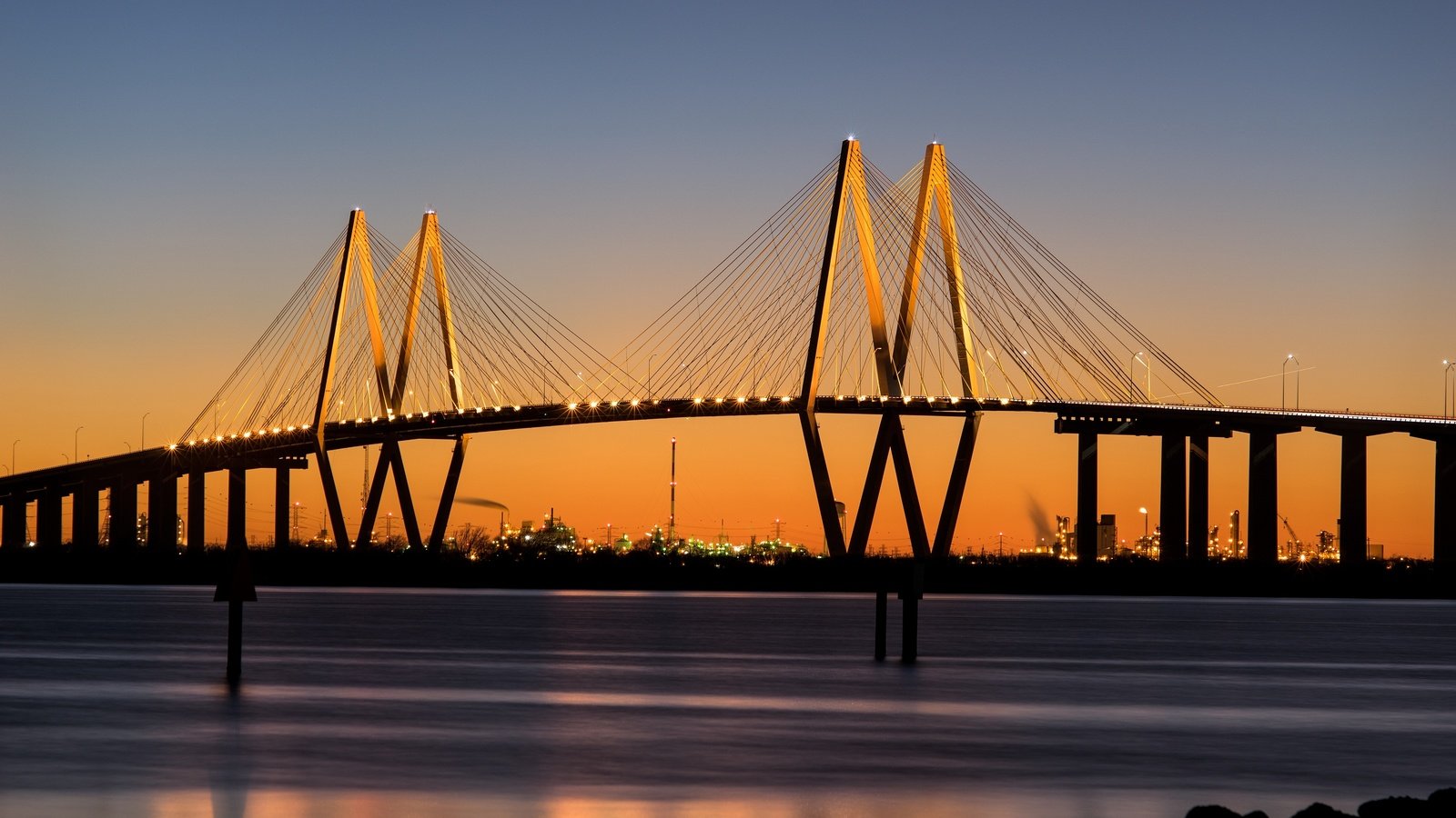 Обои мост, город, сша., штат техас, мост фреда хартмана, bridge, the city, usa., texas, bridge fred hartman разрешение 2880x1800 Загрузить