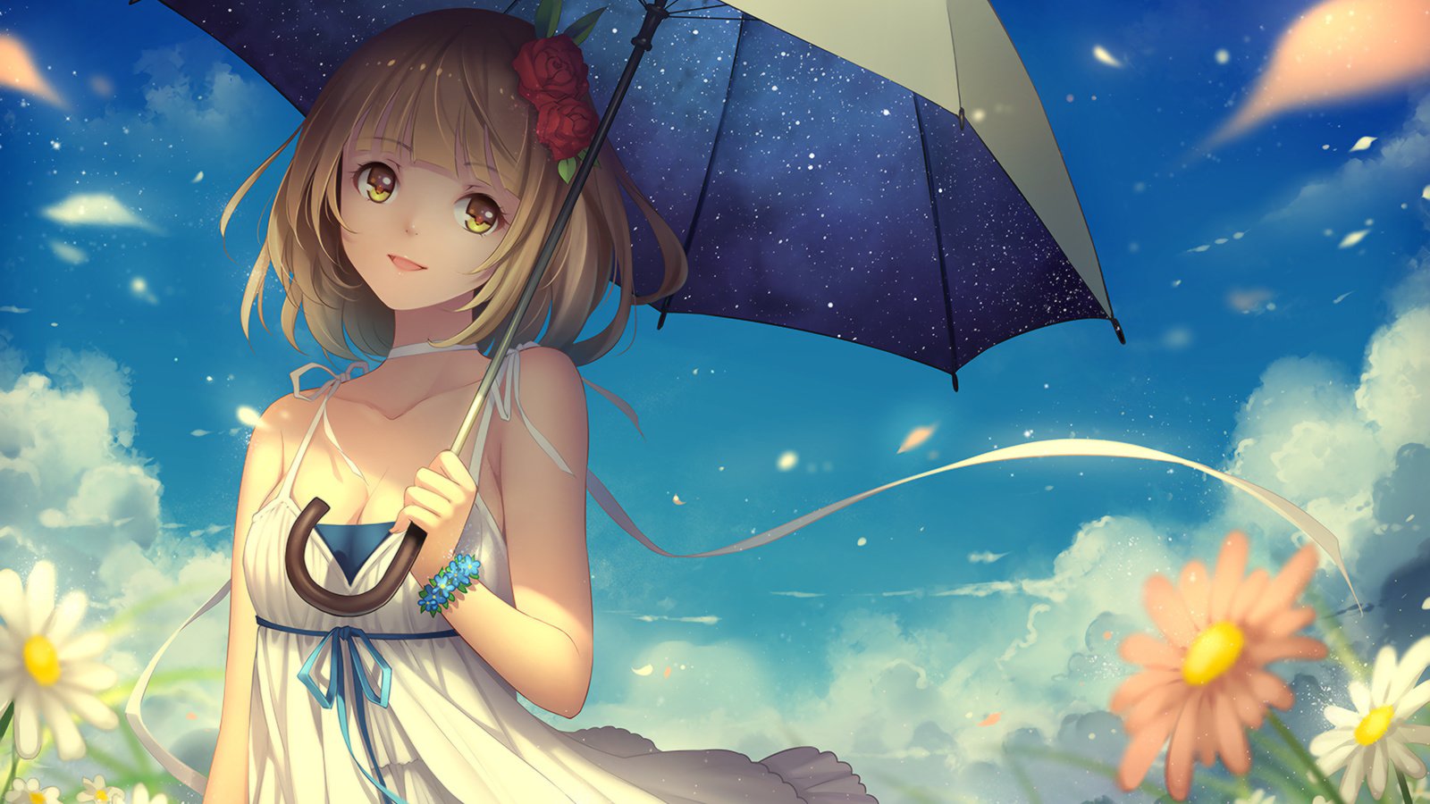 Обои цветы, арт, девушка, взгляд, аниме, зонт, flowers, art, girl, look, anime, umbrella разрешение 1920x1358 Загрузить