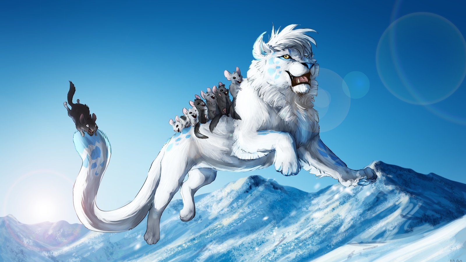 Обои арт, забавы, снег, зима, животные, прыжок, холод, игры, белый лев, art, fun, snow, winter, animals, jump, cold, game, white lion разрешение 2800x1643 Загрузить