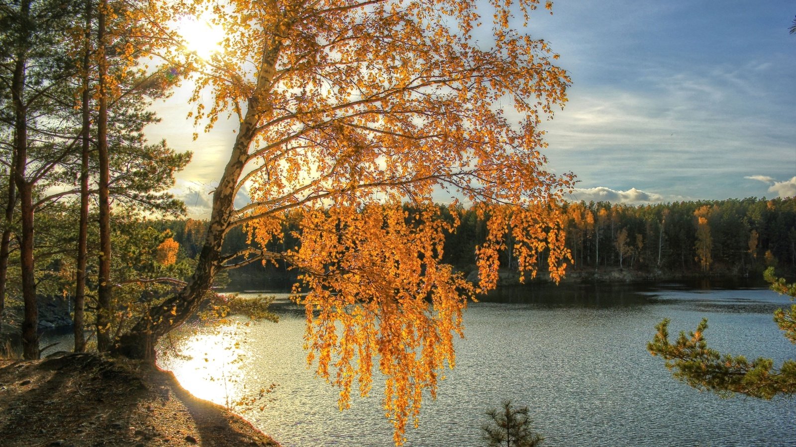 Обои свет, река, солнце, осень, береза, light, river, the sun, autumn, birch разрешение 2200x1450 Загрузить