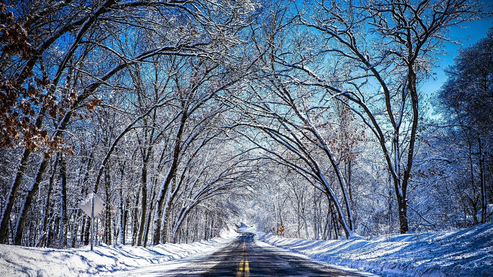 Обои небо, дорога, деревья, снег, зима, туннель, the sky, road, trees, snow, winter, the tunnel разрешение 4896x2690 Загрузить