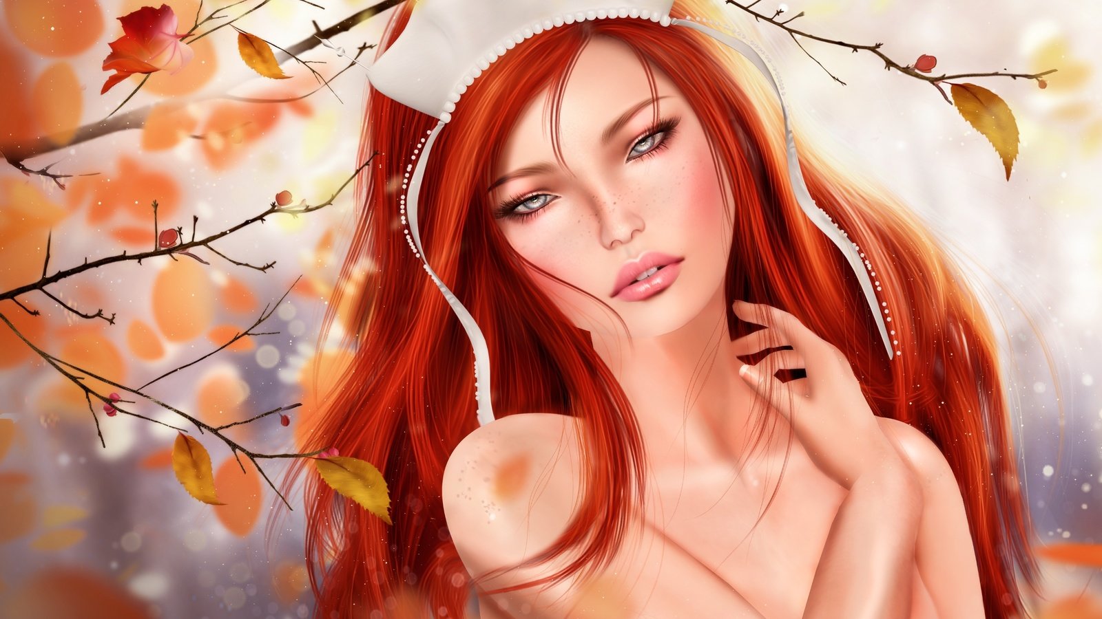 Обои листья, девушка, осень, рыжая, leaves, girl, autumn, red разрешение 3000x1804 Загрузить