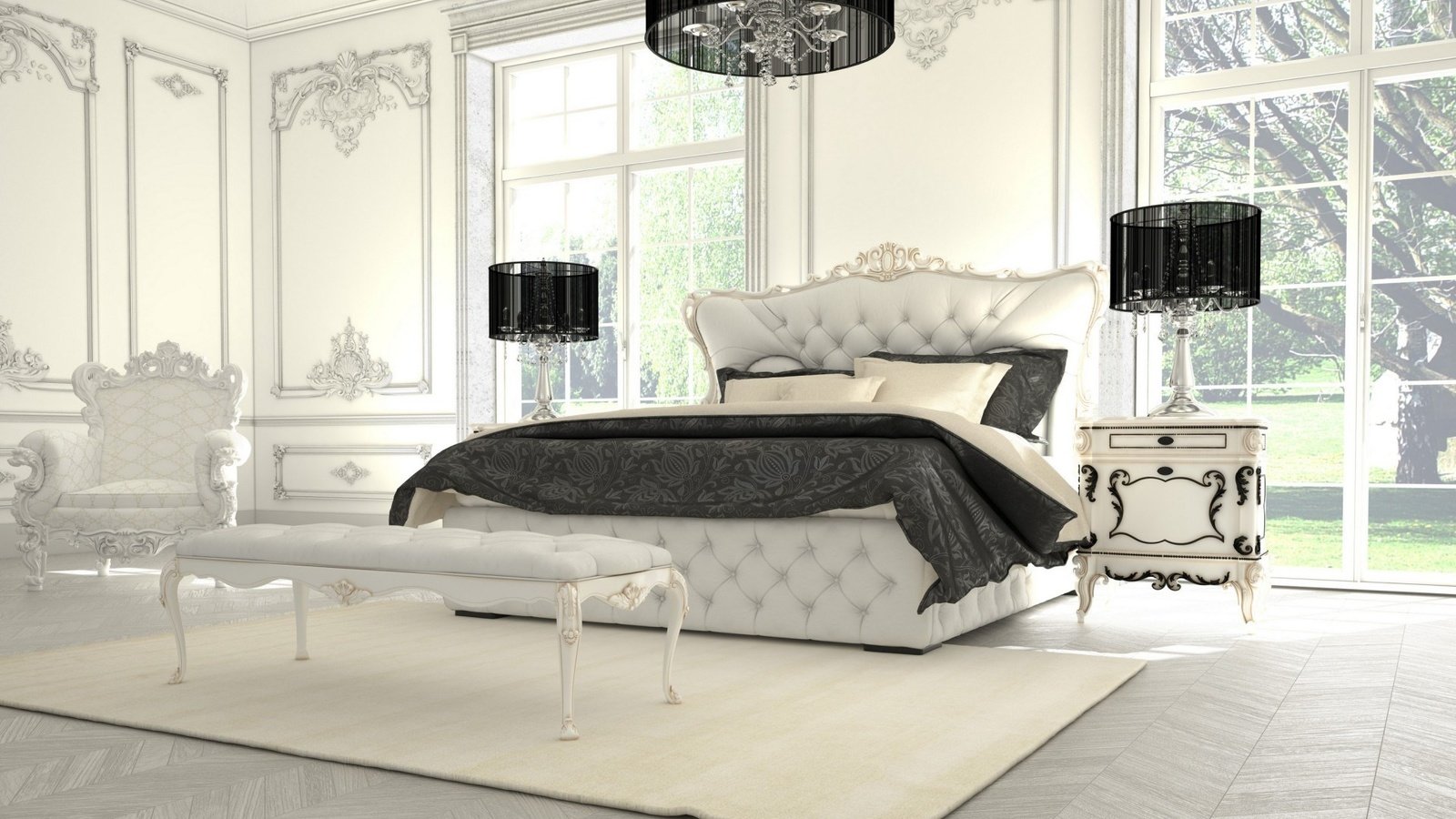 Обои роскошная спальня, спальня в черно-белой гамме, luxurious bedroom, bedroom in black and white разрешение 1920x1173 Загрузить