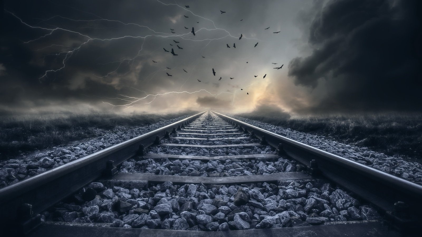 Обои железная дорога, рельсы, природа, тучи, птицы, railroad, rails, nature, clouds, birds разрешение 1920x1241 Загрузить