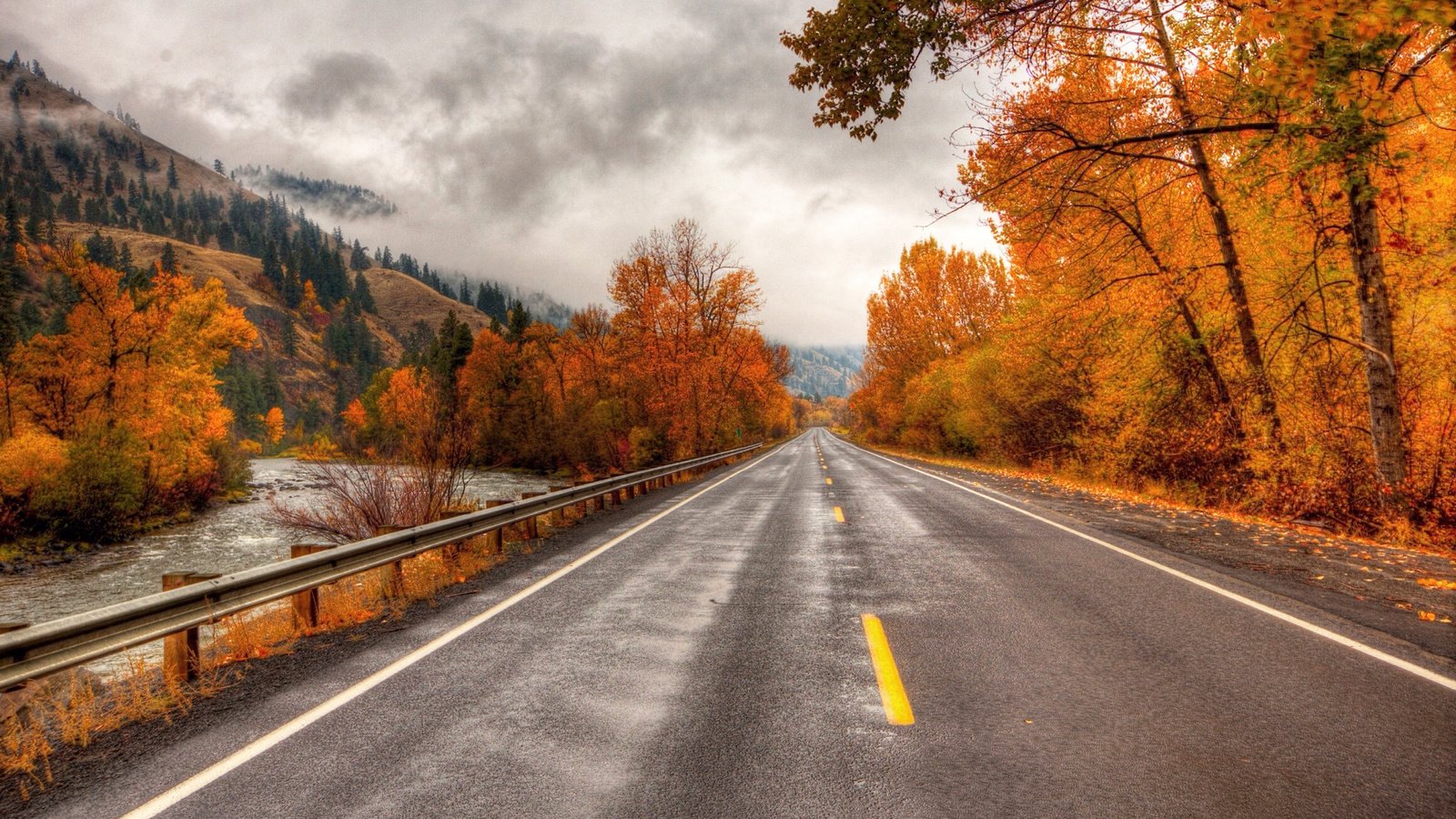 Обои дорога, деревья, река, горы, осень, road, trees, river, mountains, autumn разрешение 2048x1354 Загрузить