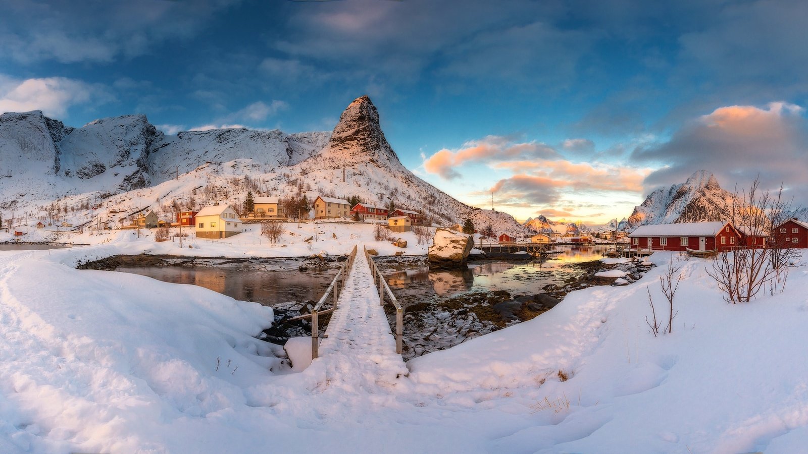 Обои горы, снег, зима, норвегия, поселение, mountains, snow, winter, norway, settlement разрешение 2500x1234 Загрузить