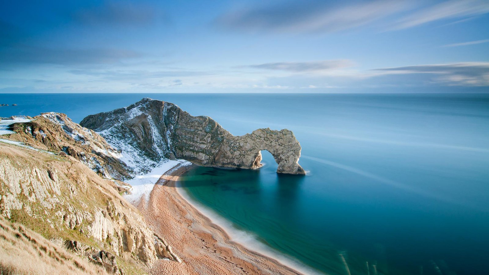 Обои небо, берег, море, скала, песок, арка, the sky, shore, sea, rock, sand, arch разрешение 1920x1080 Загрузить