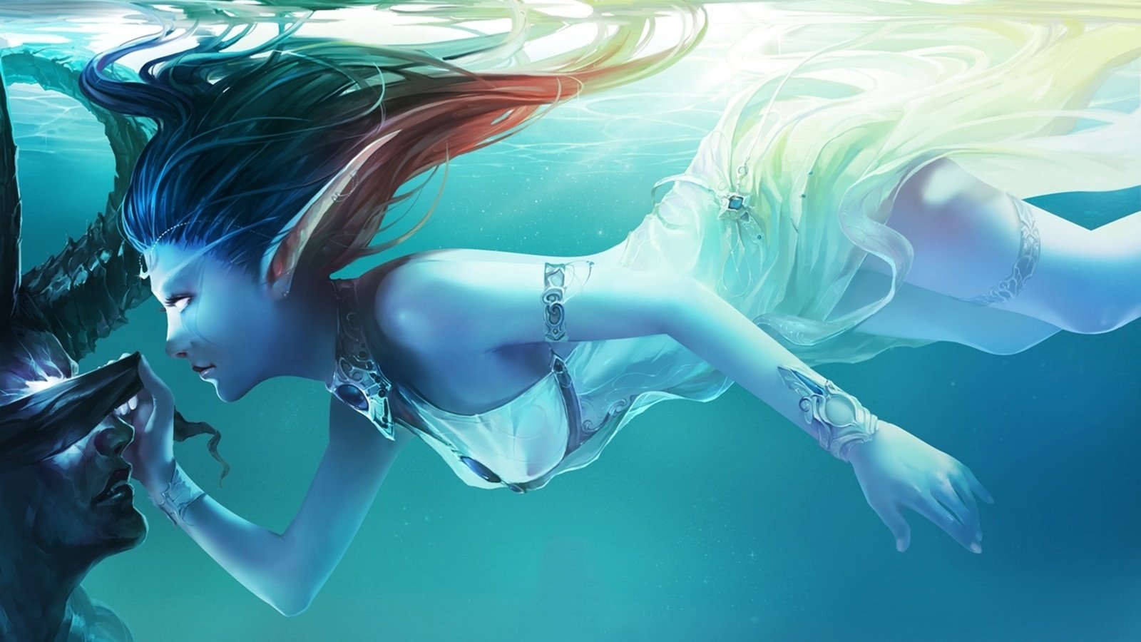 Обои девушка, взгляд, демон, под водой, волосы, эльф, синий фон, girl, look, the demon, under water, hair, elf, blue background разрешение 1944x1200 Загрузить