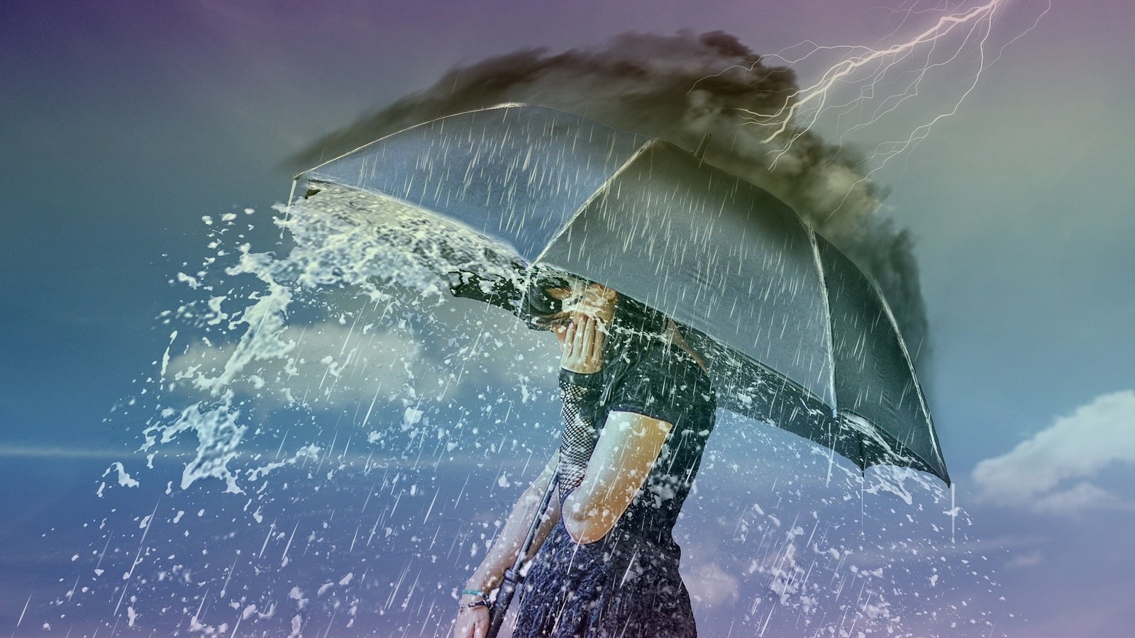 Обои девушка, молния, ситуация, дождь, зонт, girl, lightning, the situation, rain, umbrella разрешение 2048x1536 Загрузить