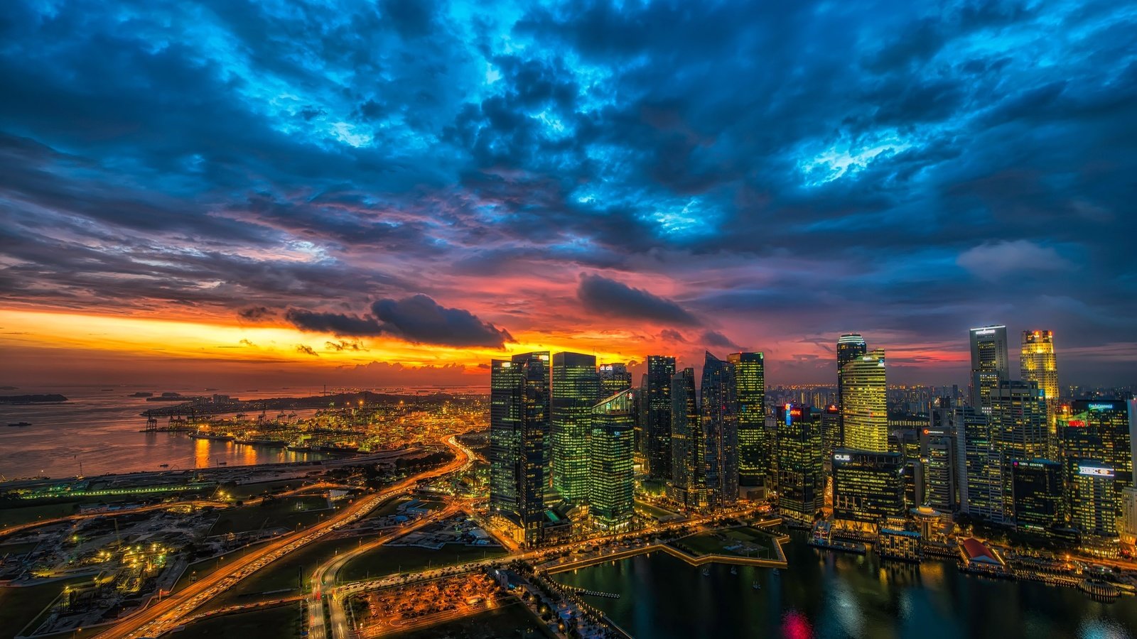 Обои облака, закат, город, небоскребы, мегаполис, сингапур, clouds, sunset, the city, skyscrapers, megapolis, singapore разрешение 3840x2160 Загрузить