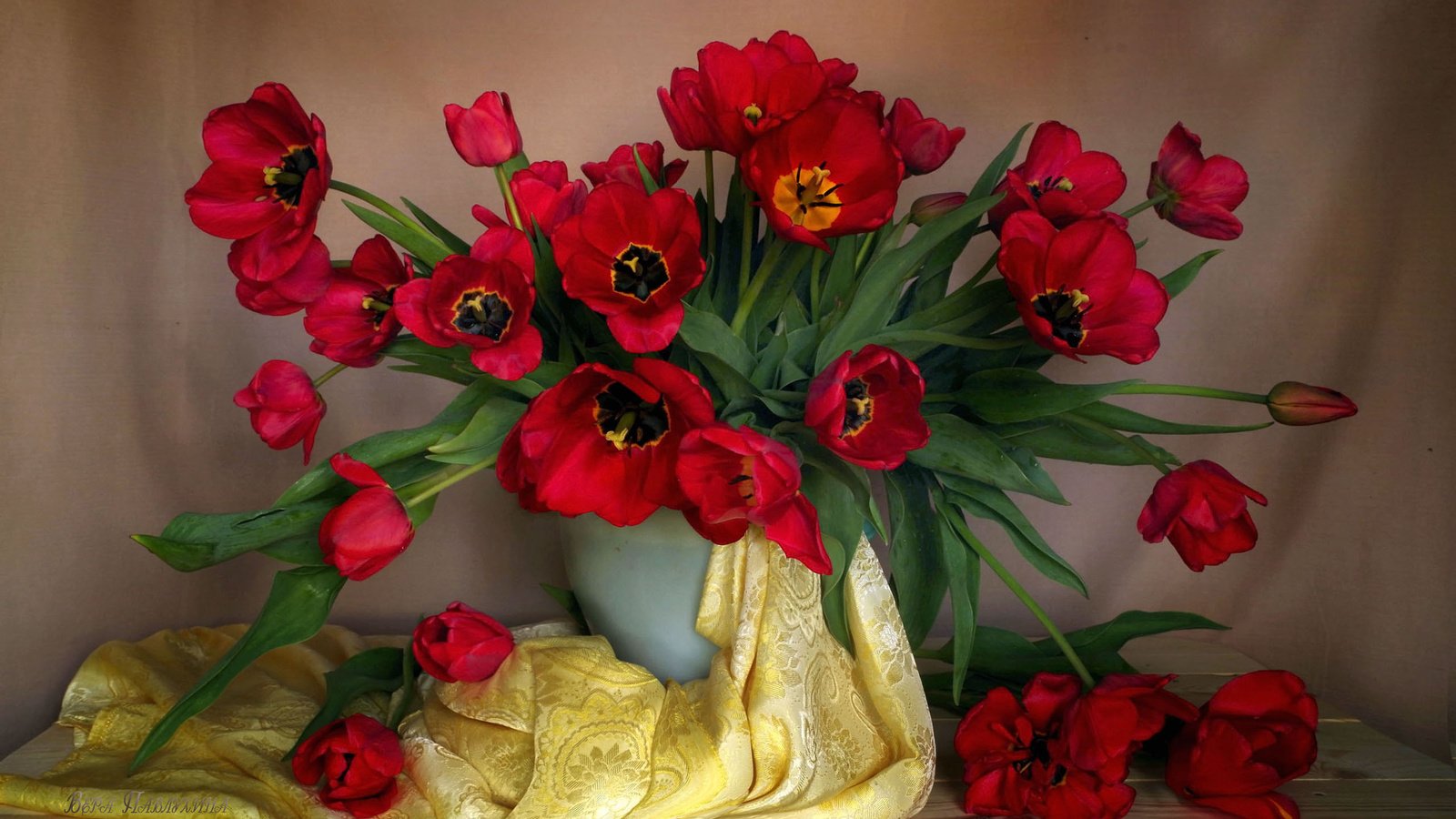 Обои цветы, vera-pawluhina, стол, ткань, букет, тюльпаны, ваза, натюрморт, композиция, flowers, table, fabric, bouquet, tulips, vase, still life, composition разрешение 2560x1600 Загрузить