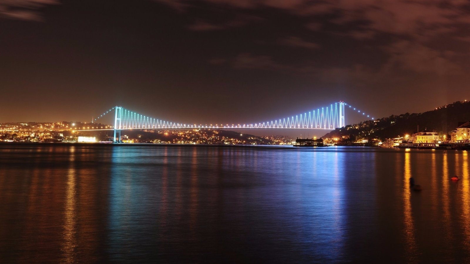 Обои ночь, мост, город, турция, стамбул, босфорский мост, night, bridge, the city, turkey, istanbul, bosphorus bridge разрешение 2646x1200 Загрузить