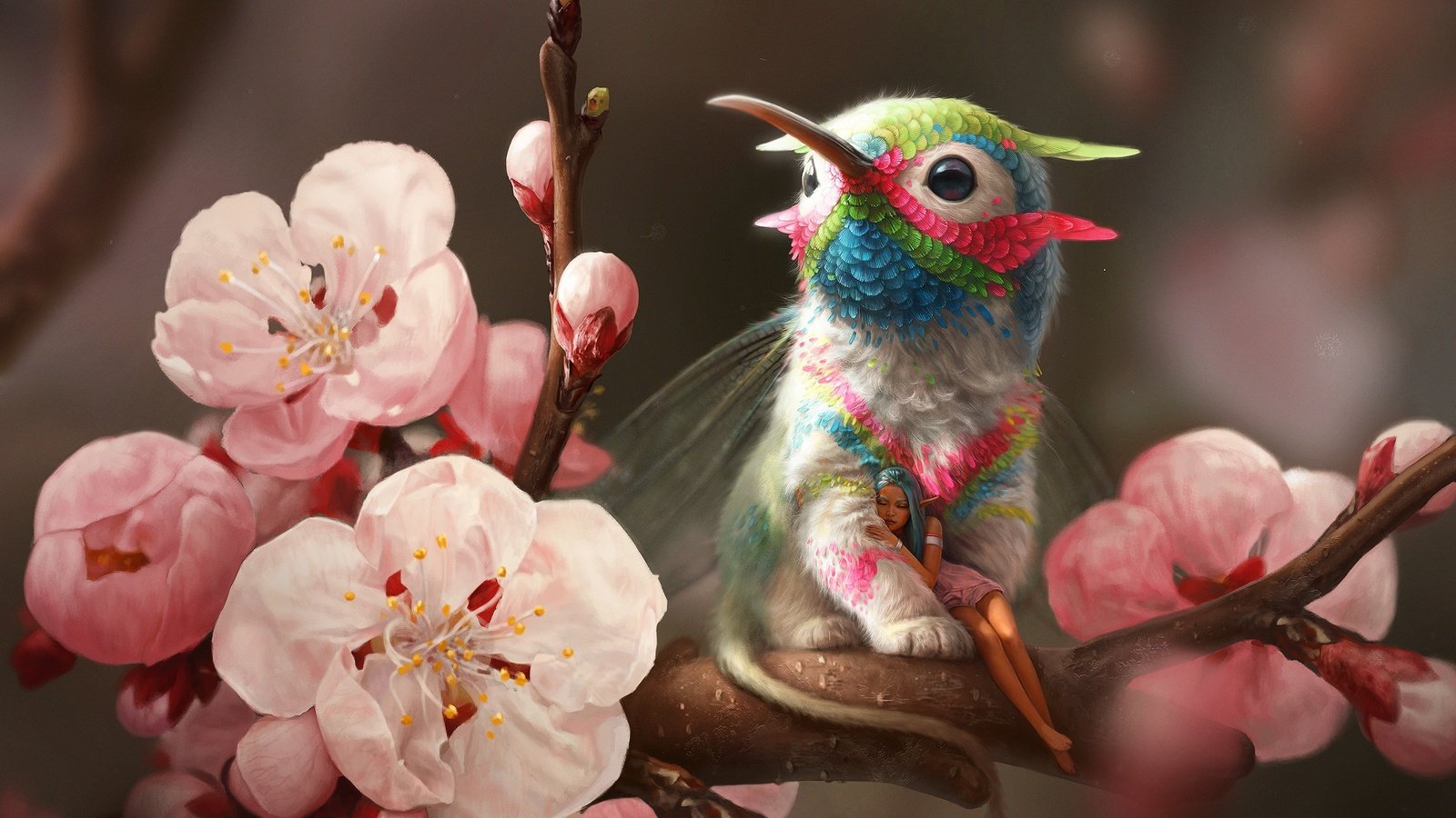 Обои цветы, ветка, весна, эльф, грифон, колибри, flowers, branch, spring, elf, griffin, hummingbird разрешение 2560x1585 Загрузить