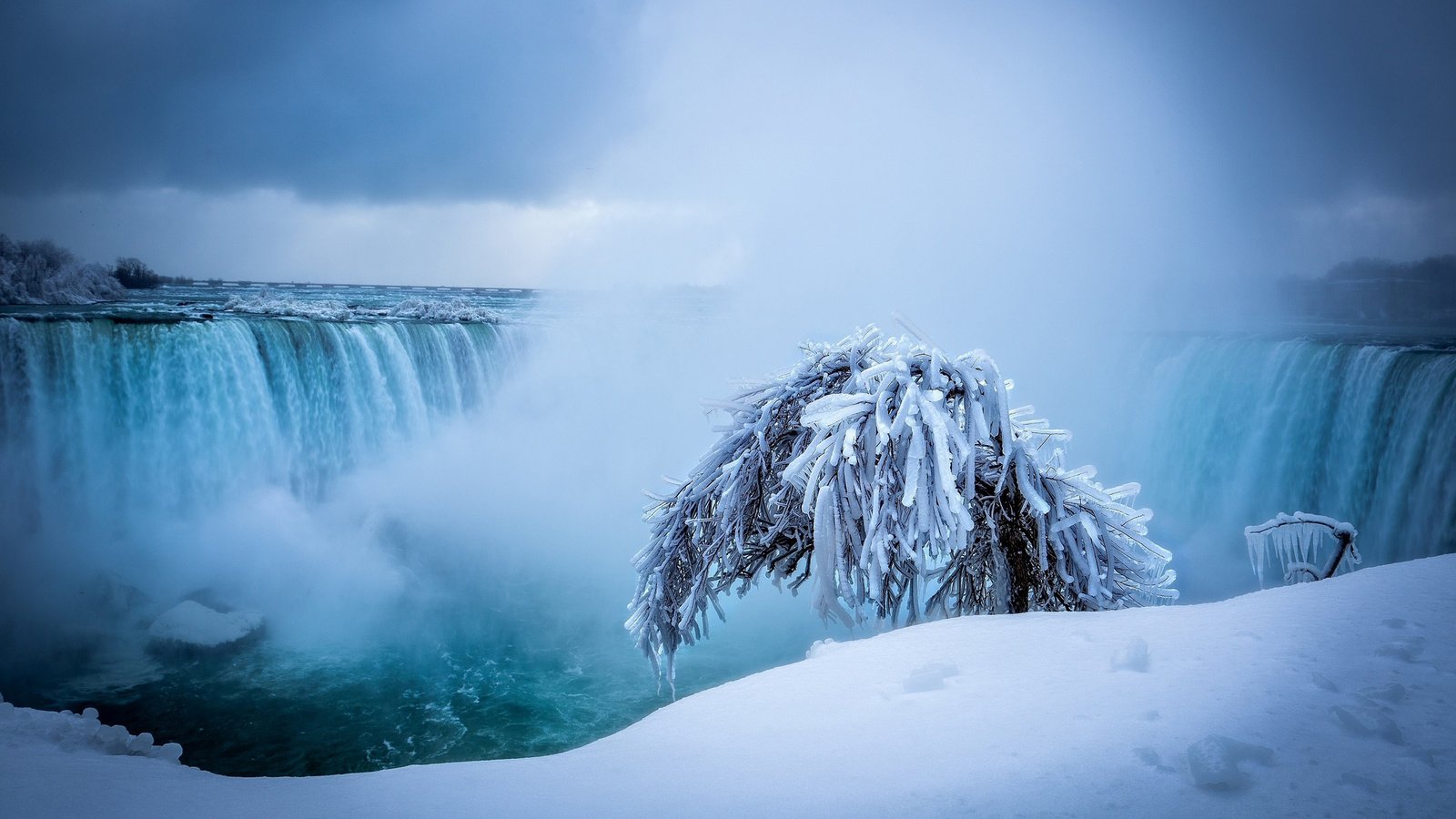 Обои снег, природа, дерево, зима, водопад, ниагарский водопад, snow, nature, tree, winter, waterfall, niagara falls разрешение 2560x1600 Загрузить