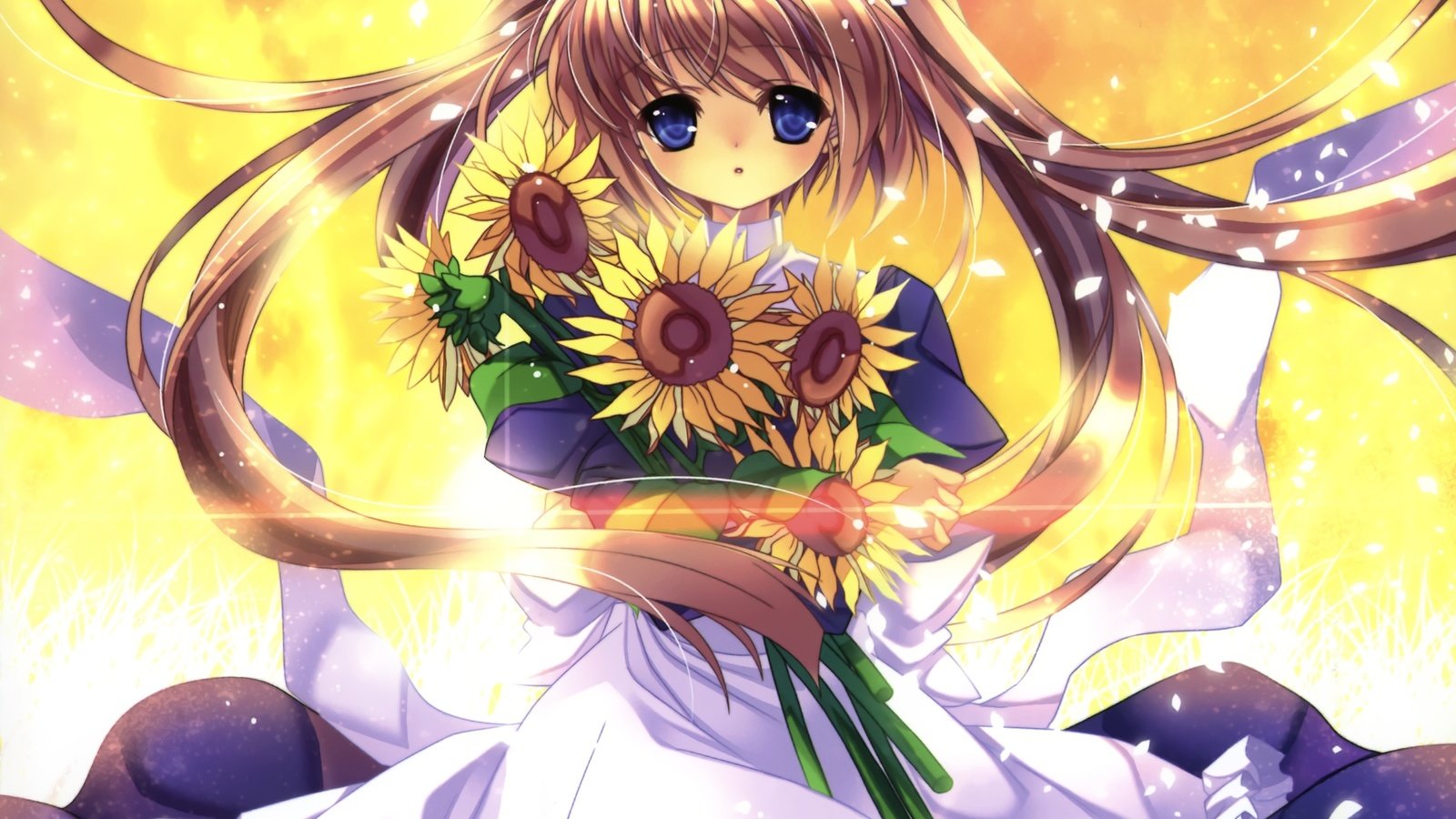 Обои аниме, девочка, подсолнухи, белое платье, anime, girl, sunflowers, white dress разрешение 2104x1672 Загрузить