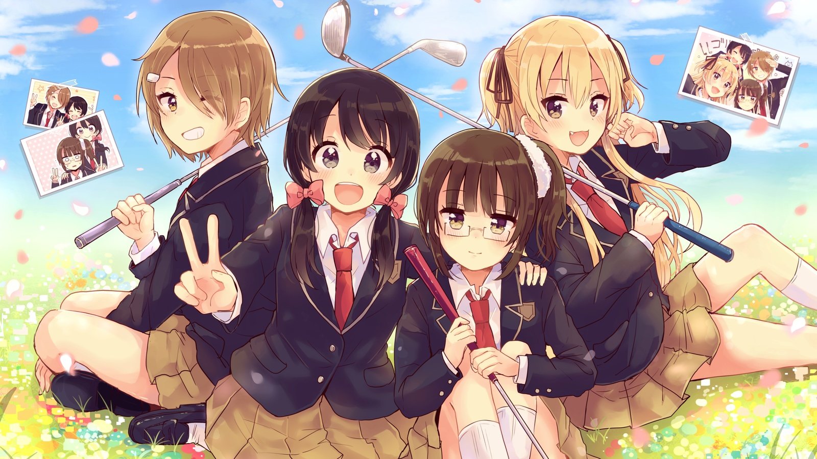 Обои лепестки, друзья, гольф, школьная форма, улыбаясь, petals, friends, golf, school uniform, smiling разрешение 3914x2480 Загрузить